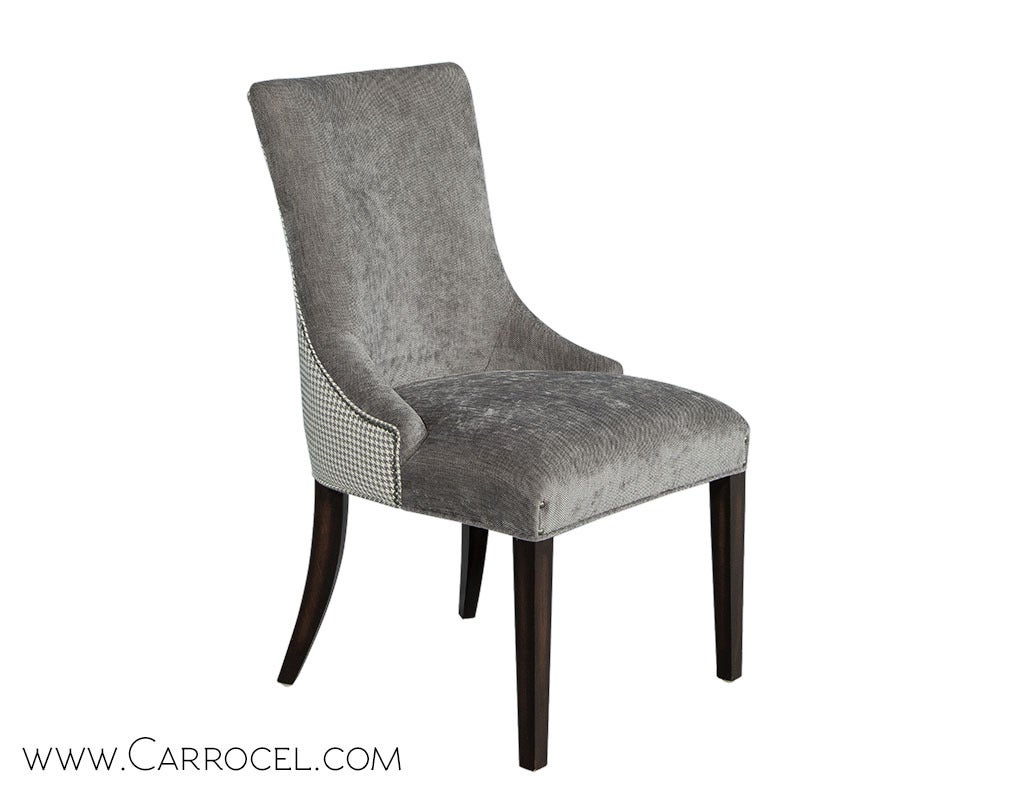 Upholstered in soft grey chenille and hounds-tooth patterned fabric on the outside back, trimmed in aged nickel head to head nails. Each frame is hand crafted solid wood and custom finished in dark espresso walnut. These chairs can be custom ordered