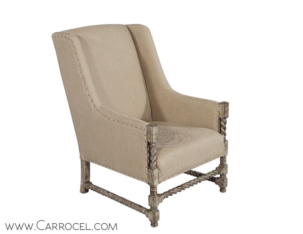 Canadian Pair of Linen Wing Back Lounge Chairs