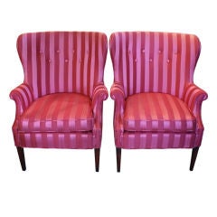 Pair of Vintage Upholstered Regency Striped Pink Arm Chairs