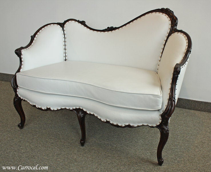 Antique Louis XV White Leather Mahogany Loveseat