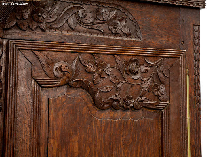 Brass French 19th Century Hand Carved Oak Armoire