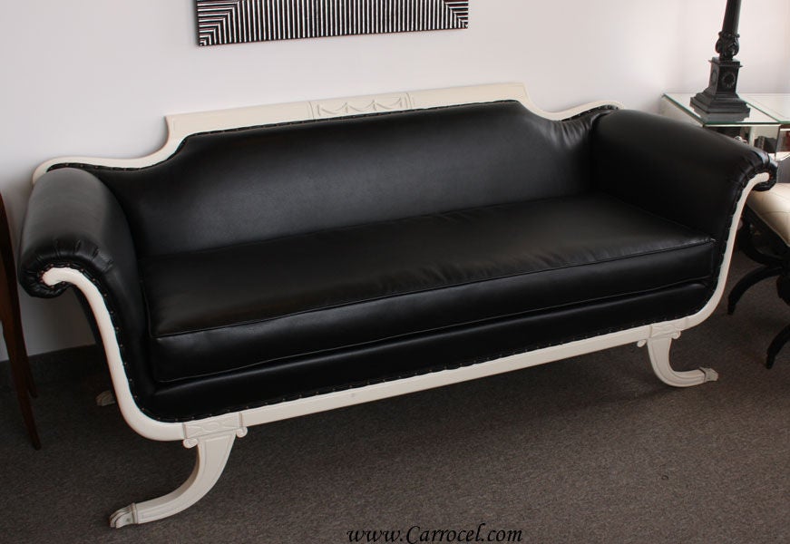 Antique White Cream Sofa Settee with Black Leather 2