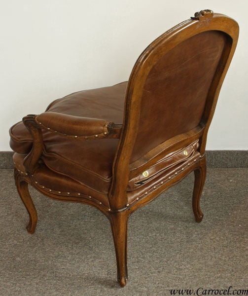 American Antique Walnut French Country Leather Arm Chair