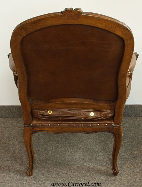 20th Century Antique Walnut French Country Leather Arm Chair