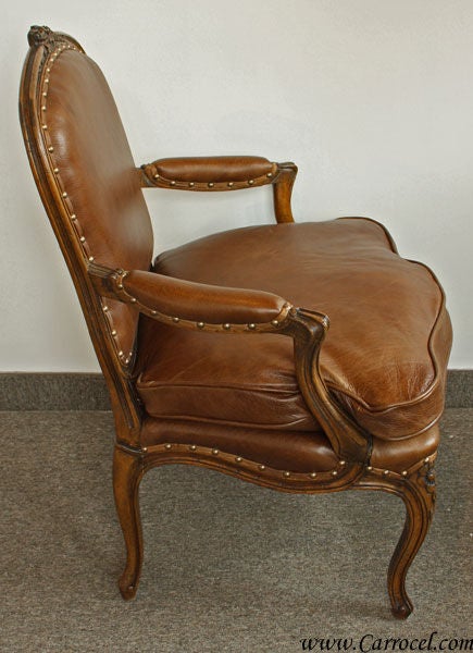 Antique Walnut French Country Leather Arm Chair 1