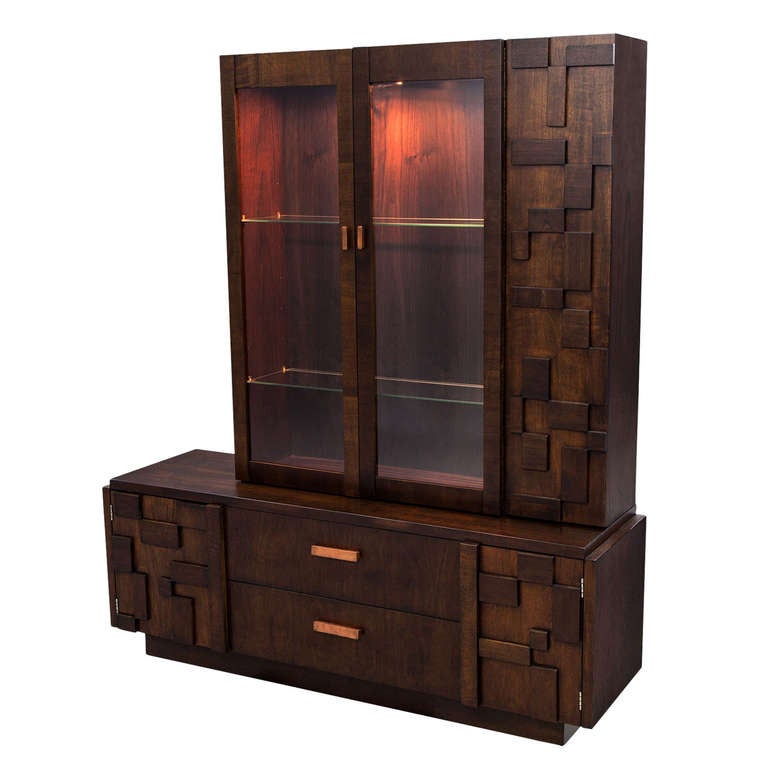 Lane Brutalist Mosaic Walnut Cabinet