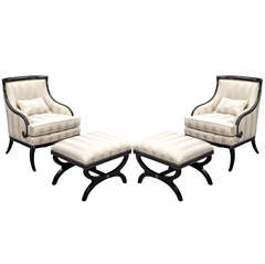 Pair of Hollywood Regency Parlor Lounge Chairs with Ottomans