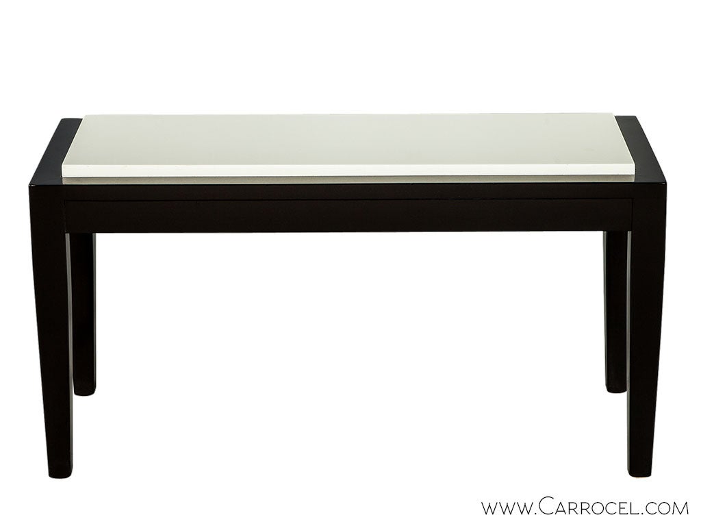 Modern and sleek end table featuring a linear design with a slightly tapered leg and white stone top. Hand rubbed finish by Carrocel in our custom high gloss Ebony lacquer. This table can also be functional as a small bench or condo size coffee