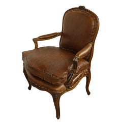 Antique Walnut French Country Leather Arm Chair