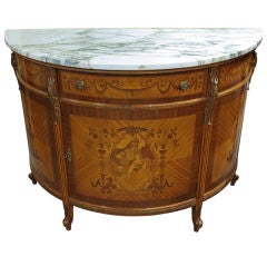 Ancienne commode française Demi-Lune en bois de satin à dessus marbré