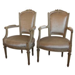Pair of Cream Antique Louis XVI Living Room Arm Chairs