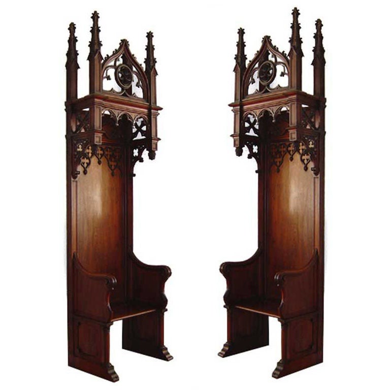 Pair of Antique 1800s Victorian Mahogany Gothic Cathedral Chairs