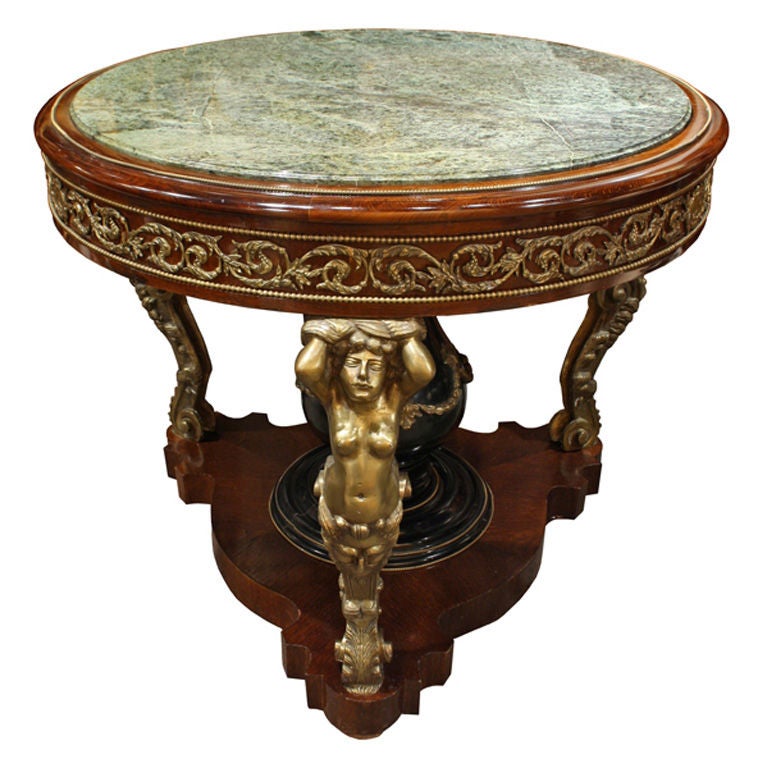 Louis XV Round Marble Top Hall Table with Brass Accents