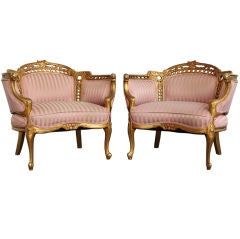 Pair of Antique Gold Louis XV Tub Accent Arm Chairs