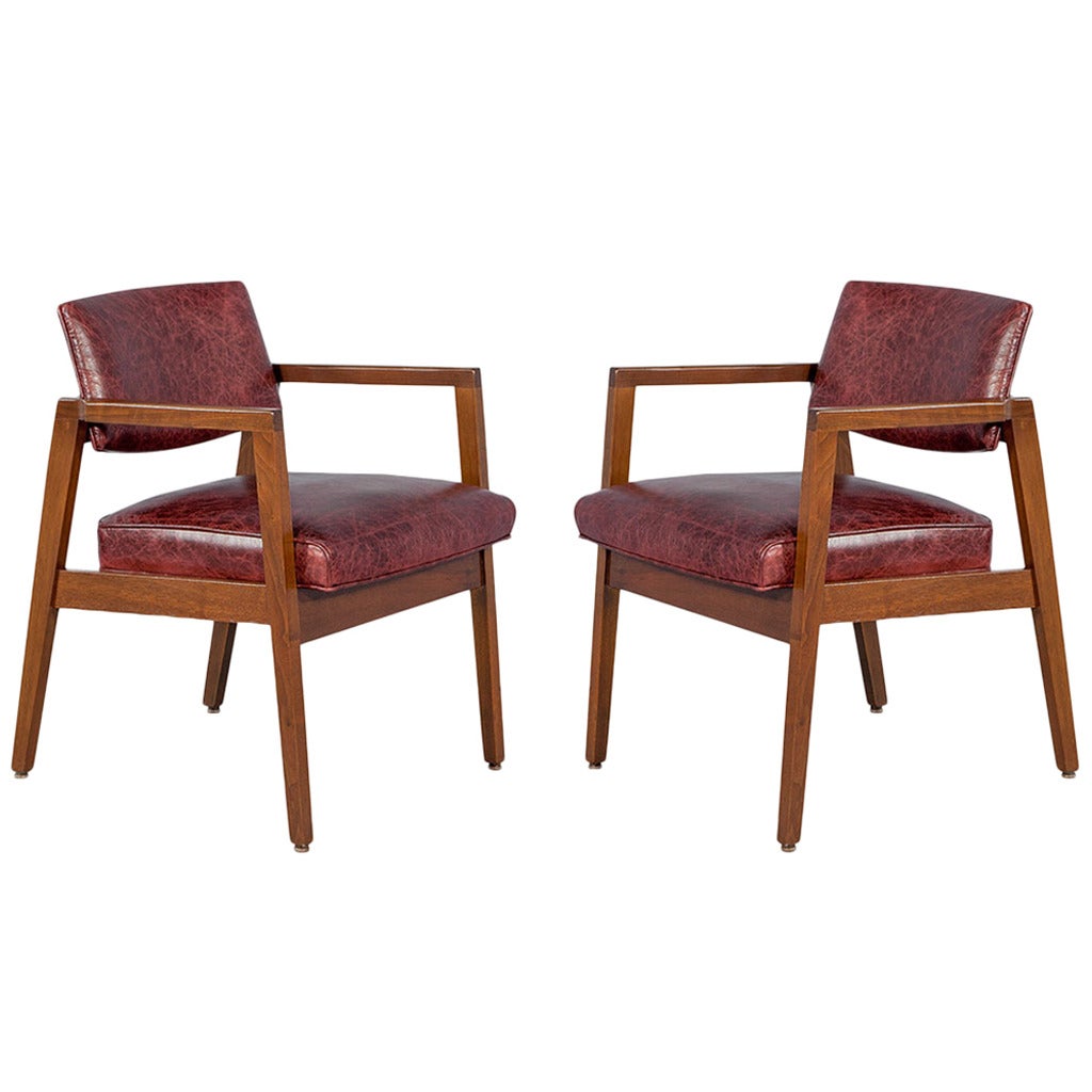Pair of Mid Century Modern Lounge Chairs in Red Leather