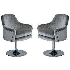 Pair of Midcentury Swivel Chairs in Grey Mohair Velvet