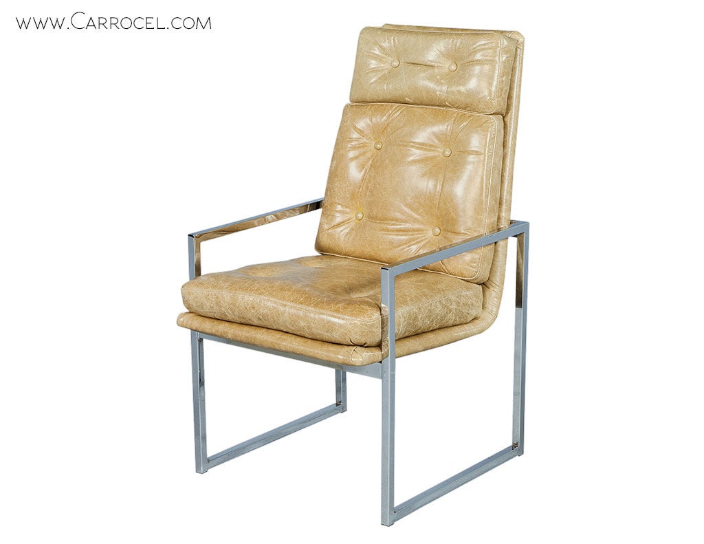 A sleek, minimal metal frame with a newly recovered plush leather seat, and of course the luxury of a high-backed dining chair! The combination of polished nickel and distressed Italian leather makes this set of 6 chairs rather versatile, ensuring