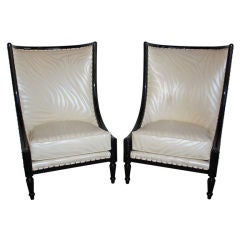 Pair of Modern Black Lacquered Leather Wing Chairs