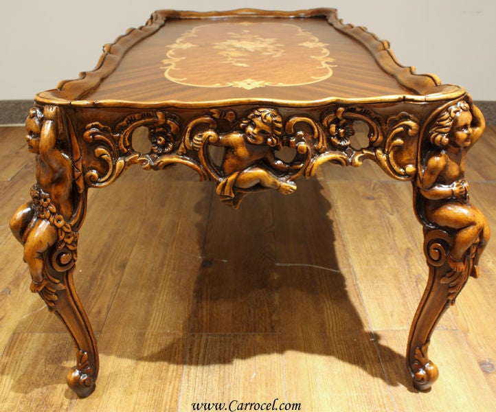 American Antique 3 PC Hand-Carved Inlaid Coffee Table Parlor Set