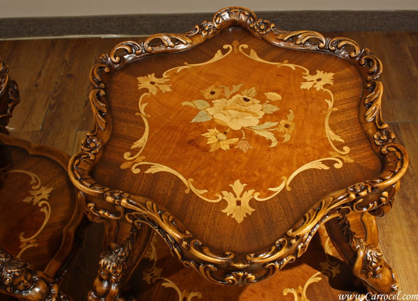 Mid-20th Century Antique 3 PC Hand-Carved Inlaid Coffee Table Parlor Set