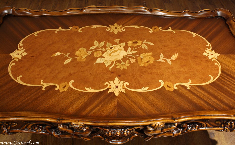 Antique 3 PC Hand-Carved Inlaid Coffee Table Parlor Set 3