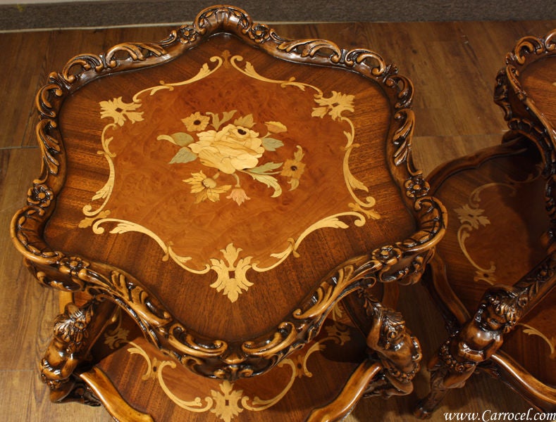 Antique 3 PC Hand-Carved Inlaid Coffee Table Parlor Set 4