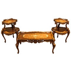 Antique 3 PC Hand-Carved Inlaid Coffee Table Parlor Set