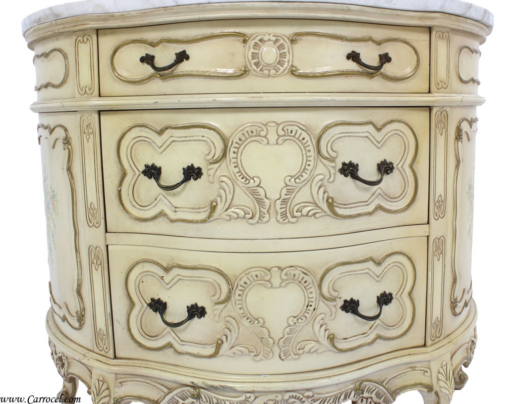 Antique Cream Louis XV Marble Top Demi Lune Commode