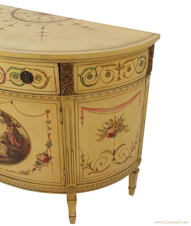 Antique Hand-Painted Adams Style Demi Lune Commode Cabinet In Excellent Condition In North York, ON