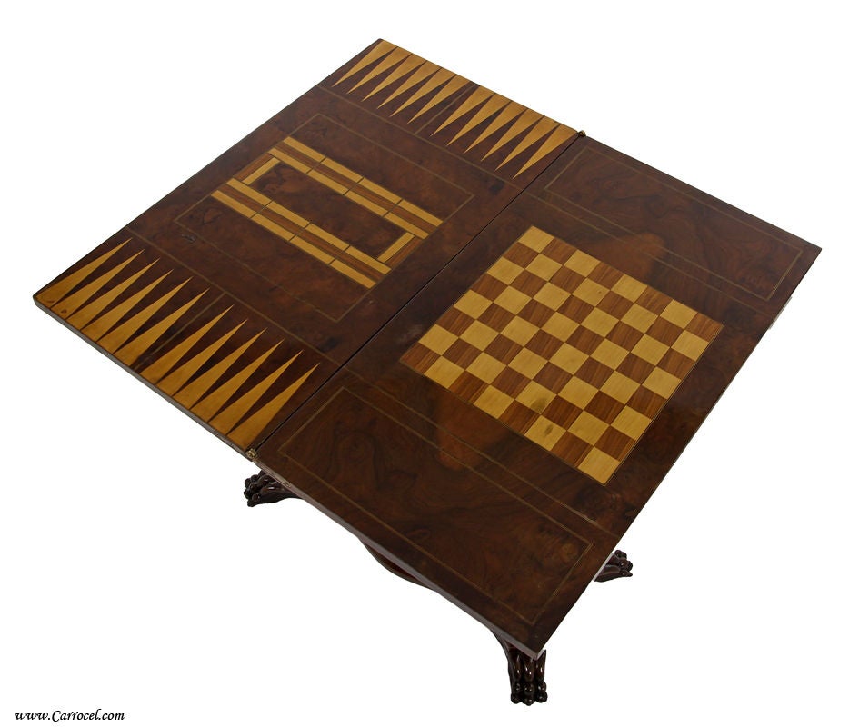 20th Century Antique Burled Walnut Folding Chess Backgammon Games Table from