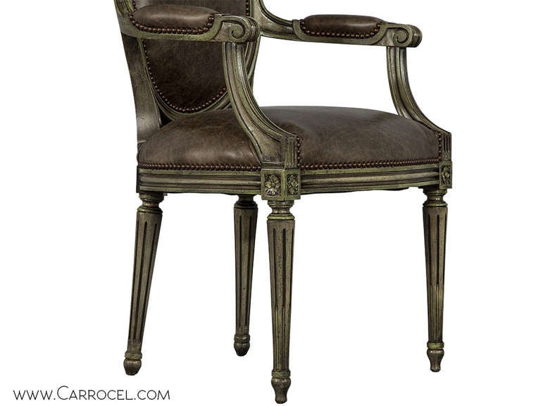 Leather Antique Louis XVI Parlor Armchairs, 1940 In Excellent Condition In North York, ON