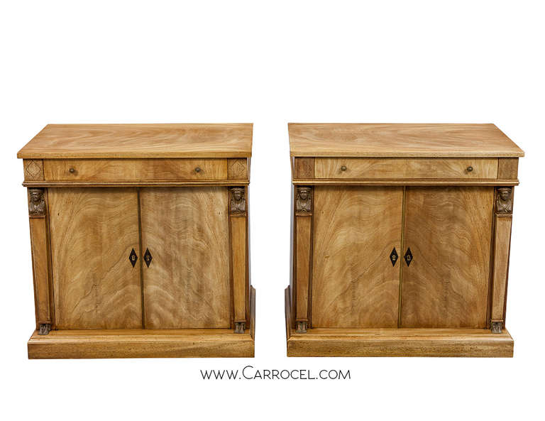 Pair of Vintage Bleached Mahogany Empire Style Chests Circa 1940. Restored by our craftsmen with a bleached hand rubbed finish. These chests are perfectly book matched, with bronze mounts