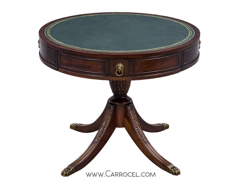 Vintage Regency mahogany drum table, restored by Carrocel, circa 1940s.