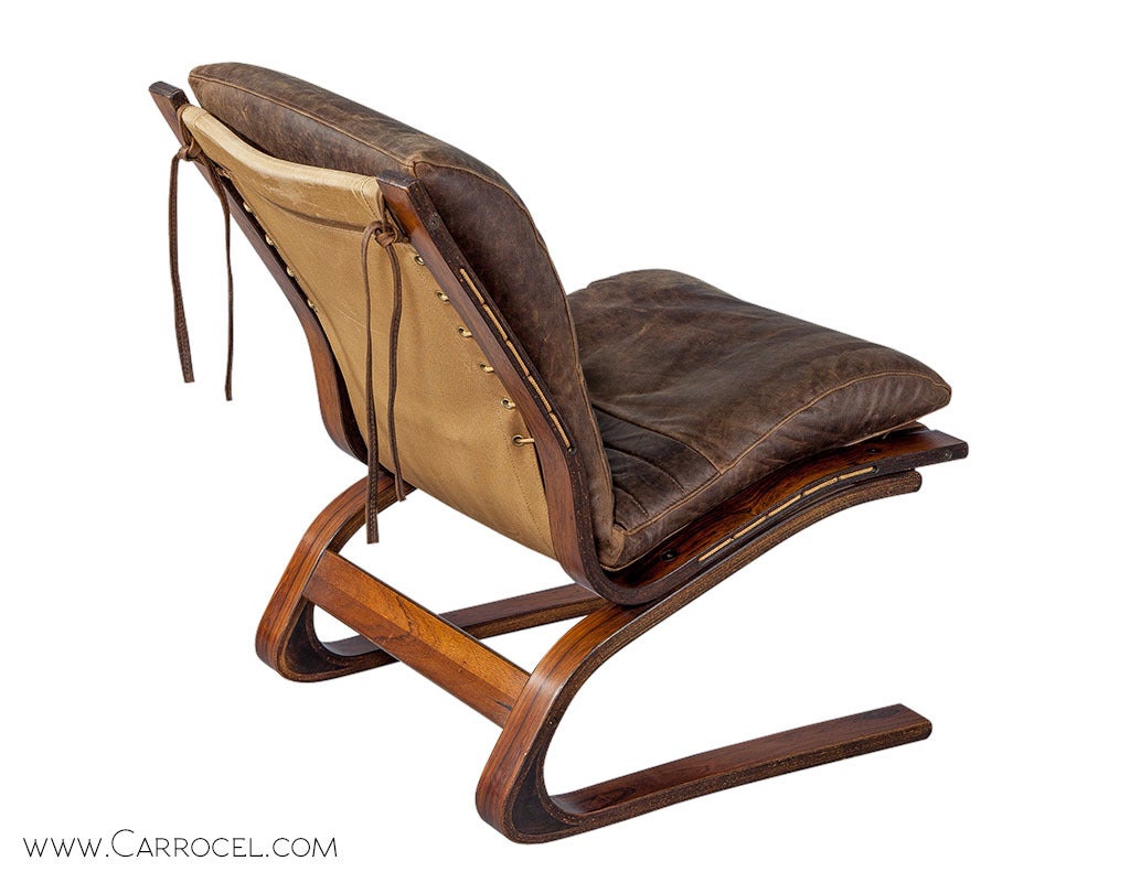 Scandinavian Rosewood and Leather Cantilever Lounge Chair