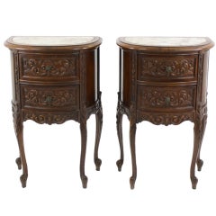 Pair of Antique Louis XV Solid Walnut Marble Top Demi Lune End Table