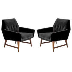 Pair of Mid-Century Modern Lounge Chairs in Black Velvet by Raphael