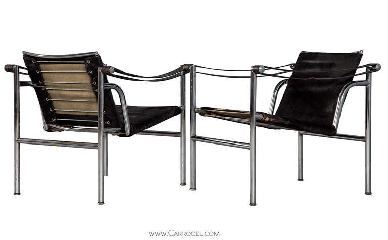 Chrome Pair of Le Corbusier LC1 Signed Armchairs Designed in 1929 for Cassina