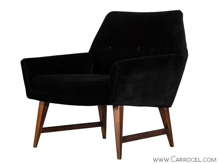 Fabric Pair of Mid-Century Modern Lounge Chairs in Black Velvet by Raphael