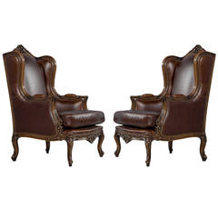 Pair of Mahogany Leather Louis XV Wing Chairs 12