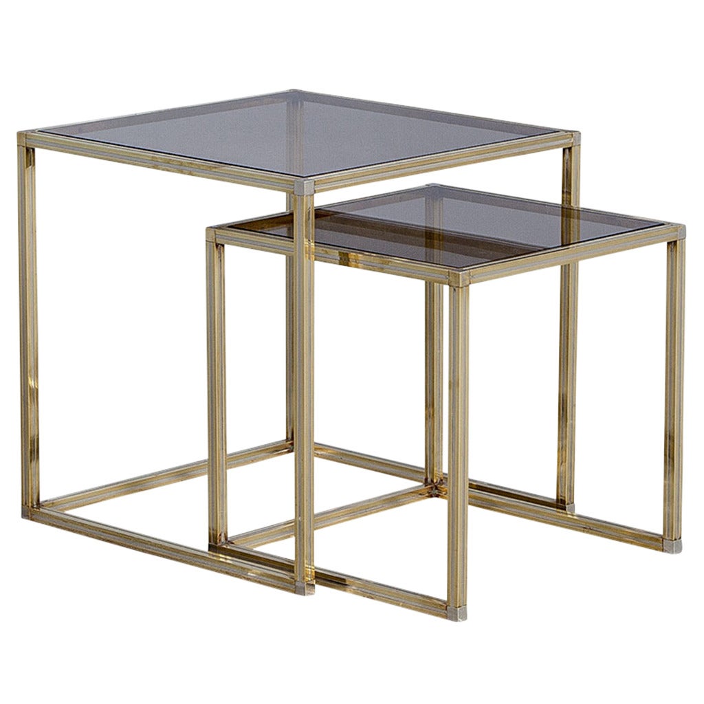 Brushed Brass with Smoked Glass Nesting Tables in the Manner of Romeo Rega