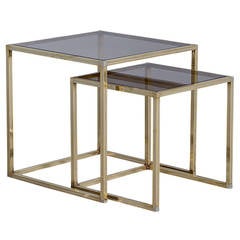 Brushed Brass with Smoked Glass Nesting Tables in the Manner of Romeo Rega