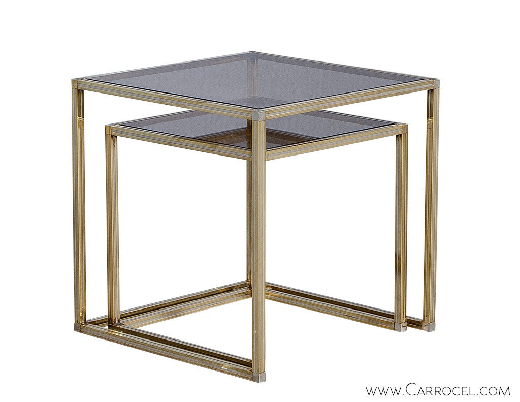 Brushed Brass with Smoked Glass Nesting Tables in the Manner of Romeo Rega In Excellent Condition In North York, ON