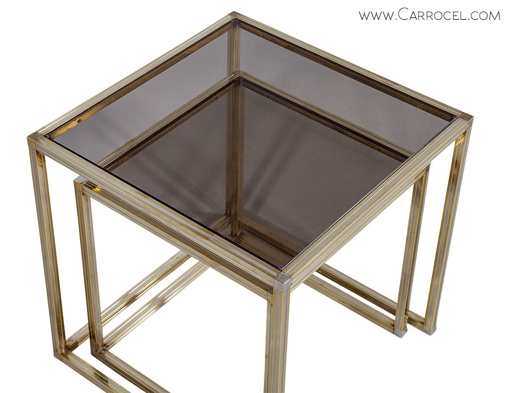 Modern Brushed Brass with Smoked Glass Nesting Tables in the Manner of Romeo Rega