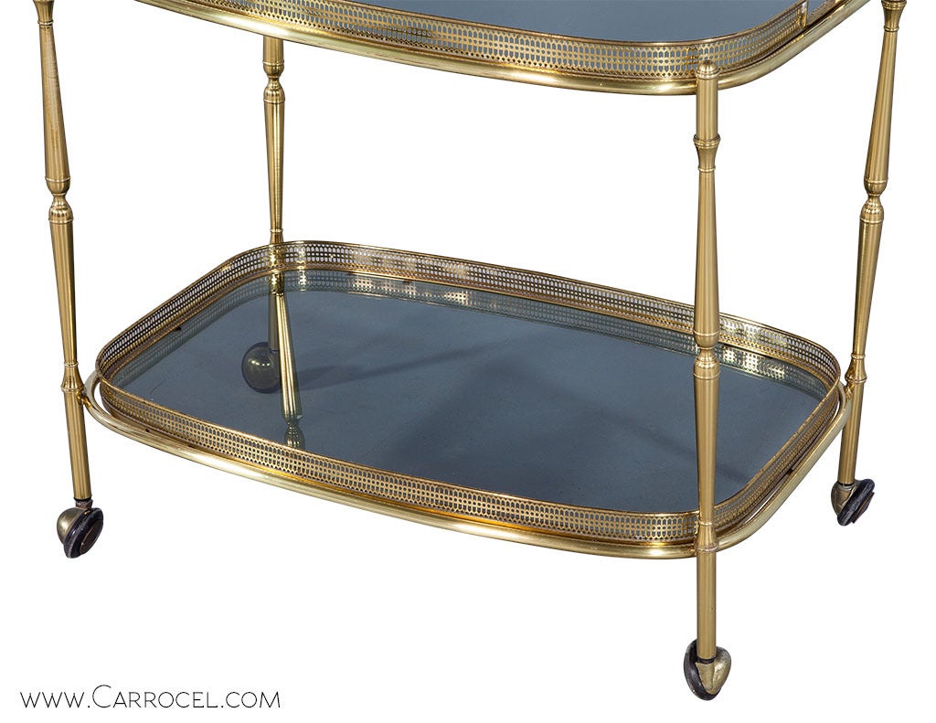Mid-Century Modern Polished Brass and Glass Bar Serving Cart