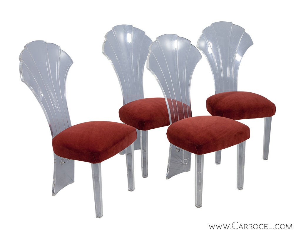 Original Lucite Shell design dining chairs. Featuring original red velvet fabric. Can be reupholstered to customers tastes.