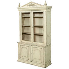 Antique Distressed Ivory Neoclassic Display Cabinet