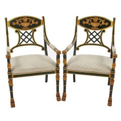 Pair of Painted Green & Gold Leafed Regency Gilded Italian Accen