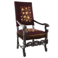 Antiqu 19th Century Solid Mahogany Needlepoint Throne Arm Chair
