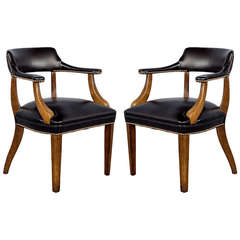 Pair of Banker's Library Chairs Restored in Black Leather
