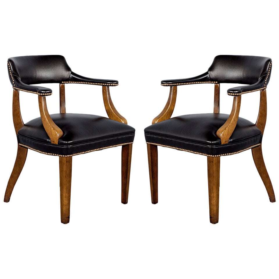 Pair of Banker's Library Chairs Restored in Black Leather